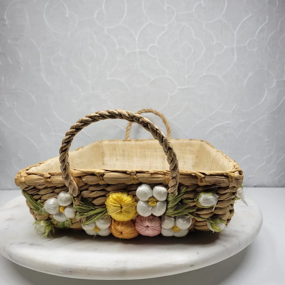 Vintage Woven Casserole Basket Decorative Floral Trim Twine Handles Philippines
